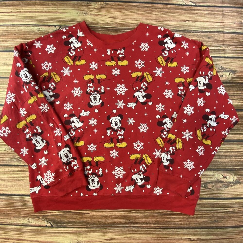 Vtg Disney Sweatshirt Womens Juniors XL Red Comfort Mickey Mouse Christmas